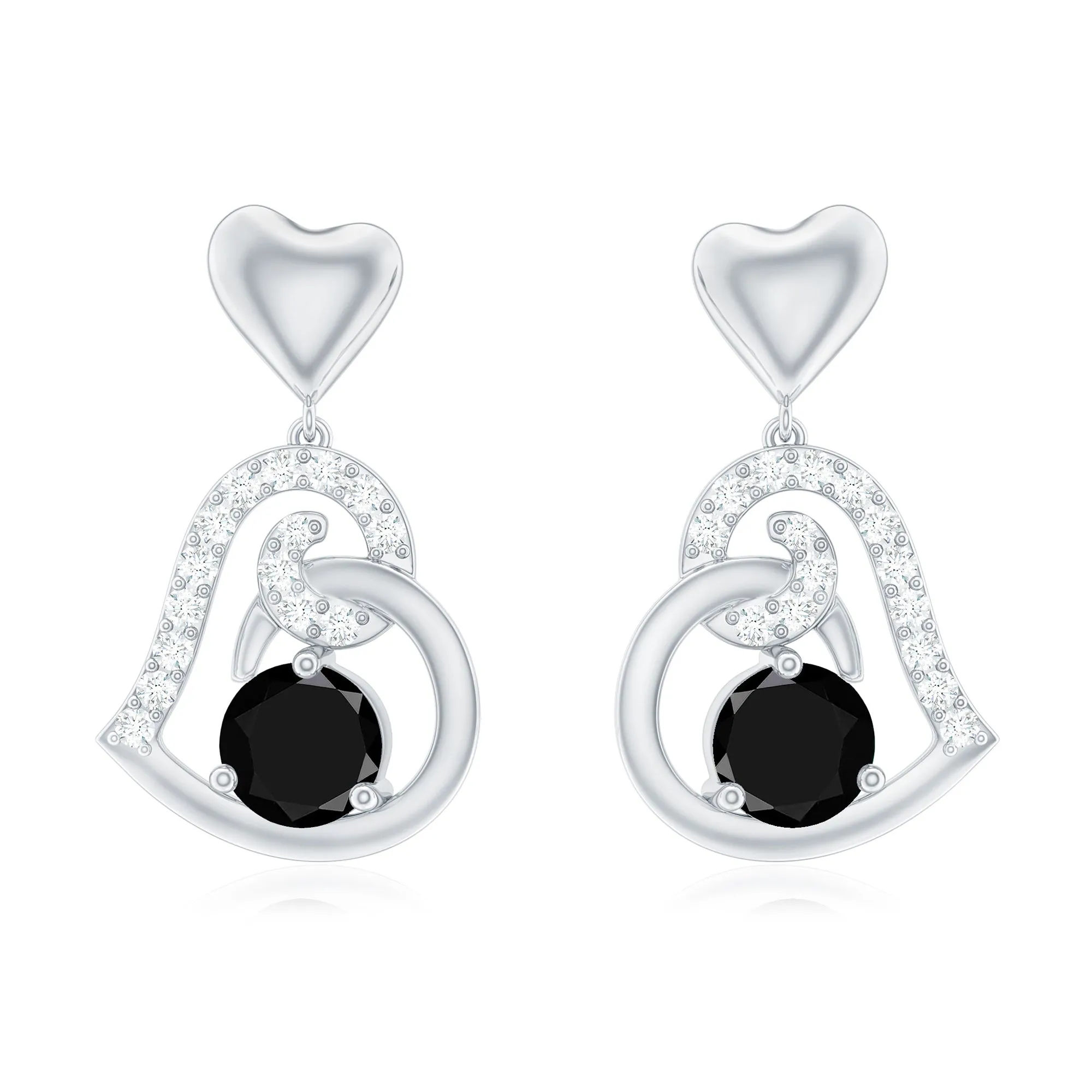 Black and White Diamond Heart Drop Earrings