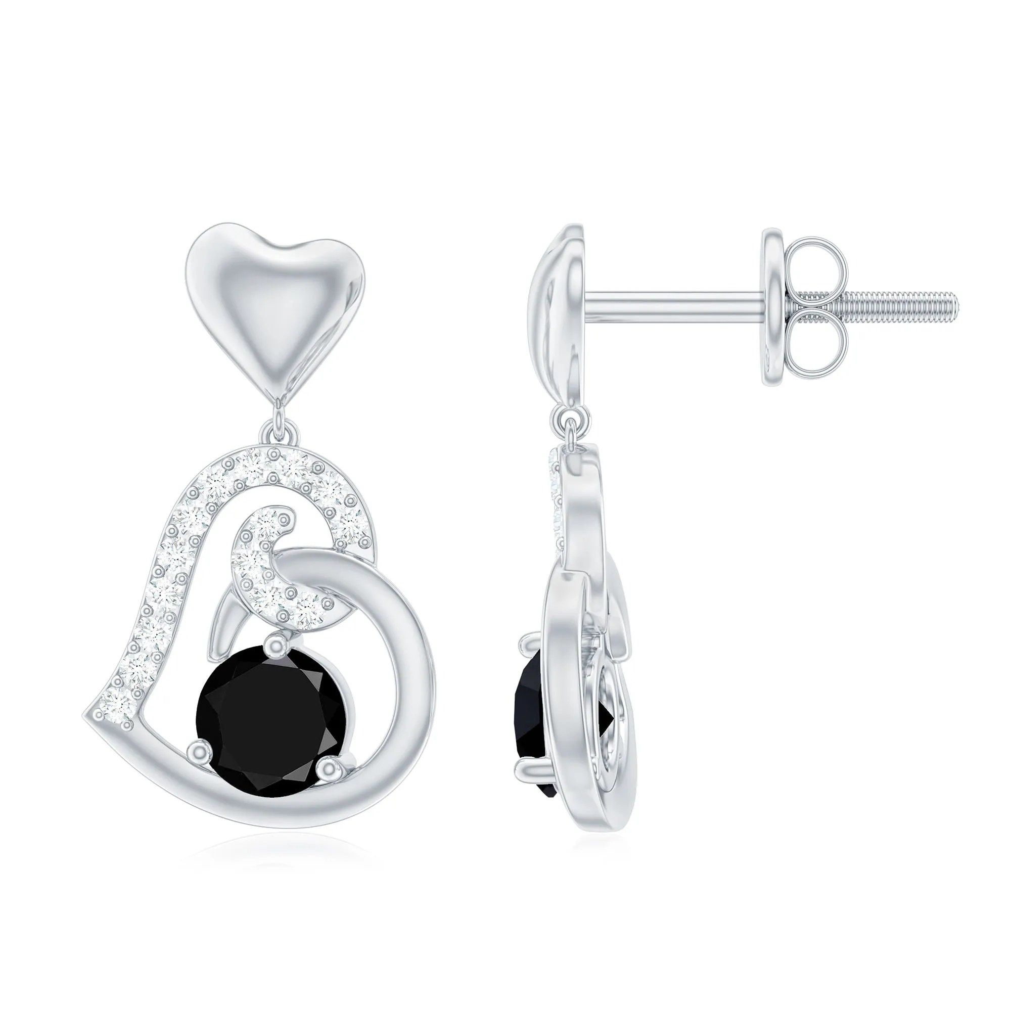 Black and White Diamond Heart Drop Earrings