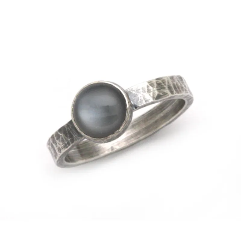 Black Moonstone and Hammered Silver Ring - Eclipse Ring