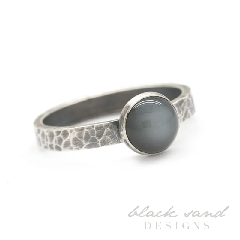 Black Moonstone and Hammered Silver Ring - Eclipse Ring