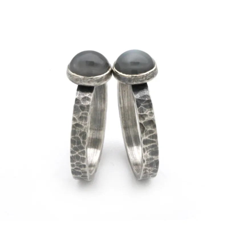 Black Moonstone and Hammered Silver Ring - Eclipse Ring