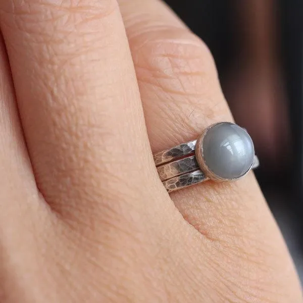 Black Moonstone and Hammered Silver Ring - Eclipse Ring
