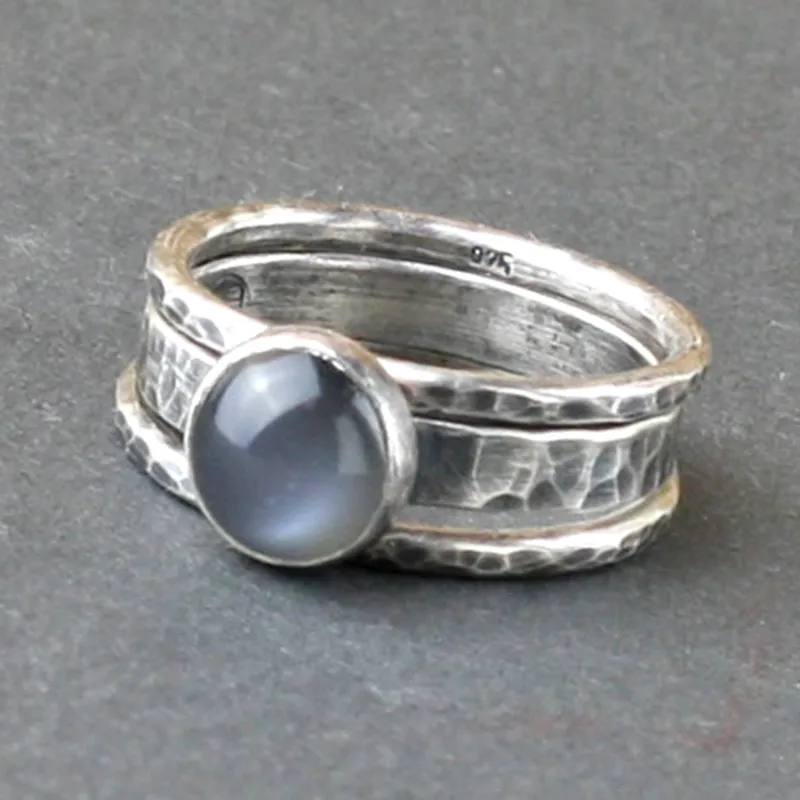 Black Moonstone and Hammered Silver Ring - Eclipse Ring