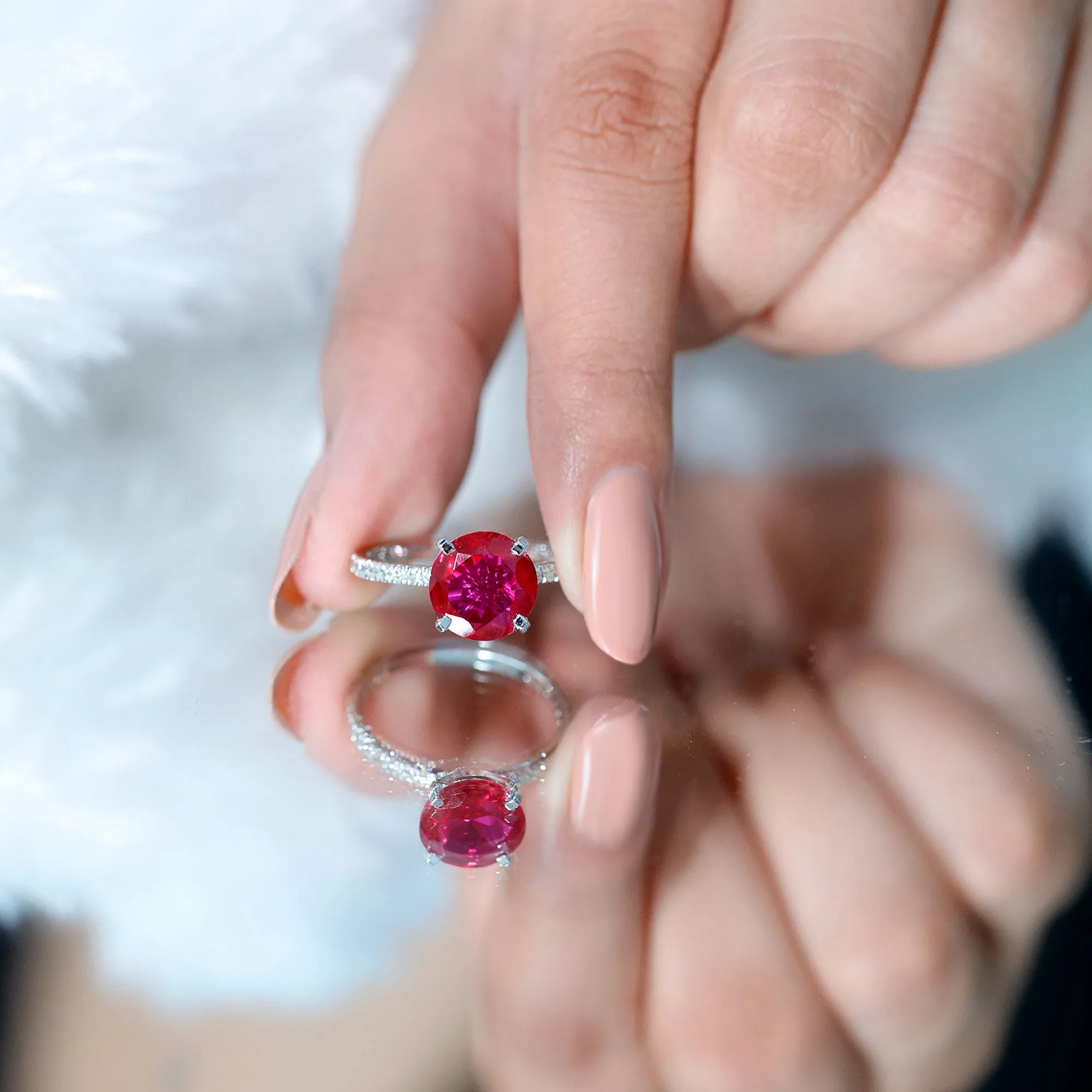 Certified Lab Grown Ruby Solitaire Engagement Ring with Diamond Side Stones