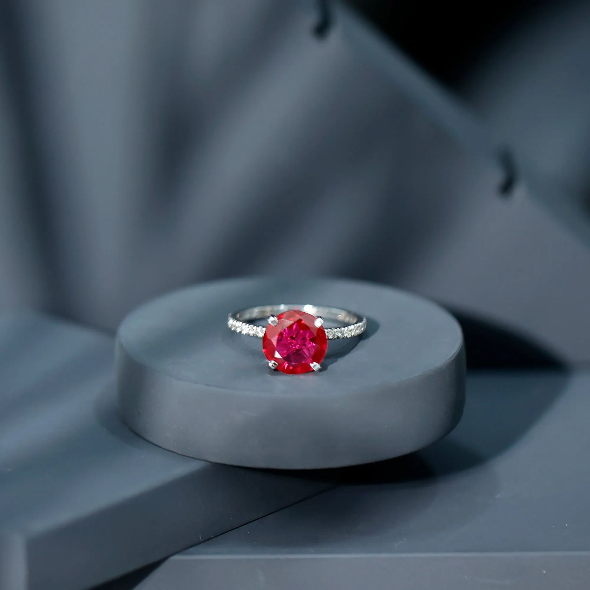 Certified Lab Grown Ruby Solitaire Engagement Ring with Diamond Side Stones