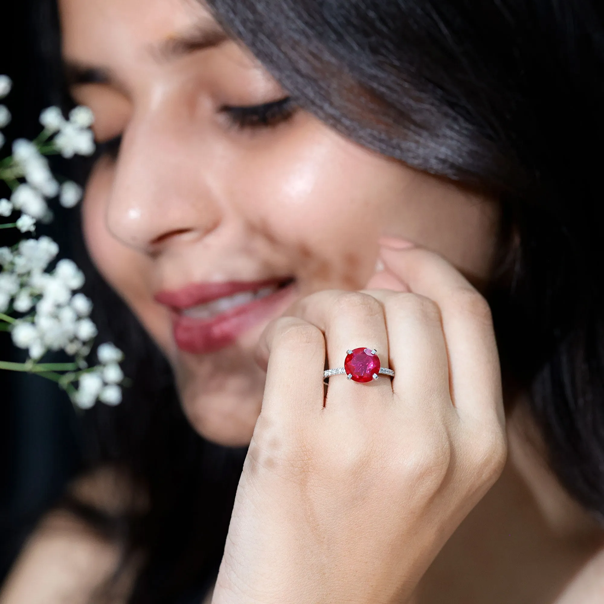 Certified Lab Grown Ruby Solitaire Engagement Ring with Diamond Side Stones