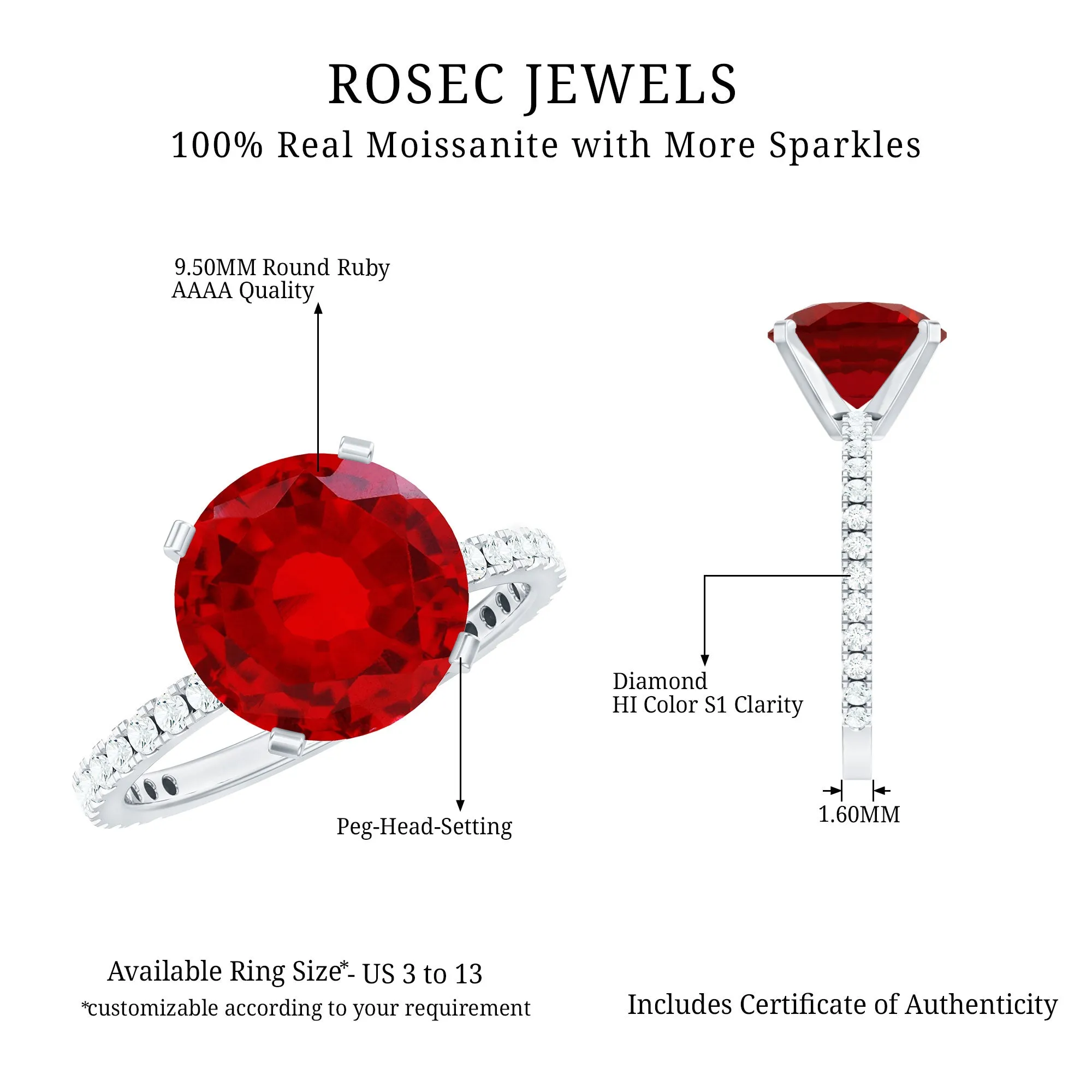 Certified Lab Grown Ruby Solitaire Engagement Ring with Diamond Side Stones