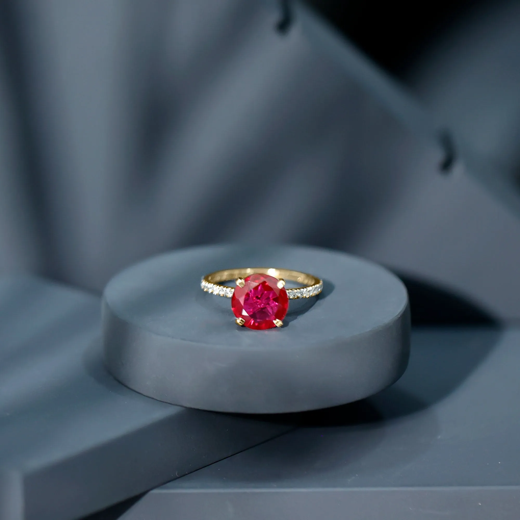 Certified Lab Grown Ruby Solitaire Engagement Ring with Diamond Side Stones