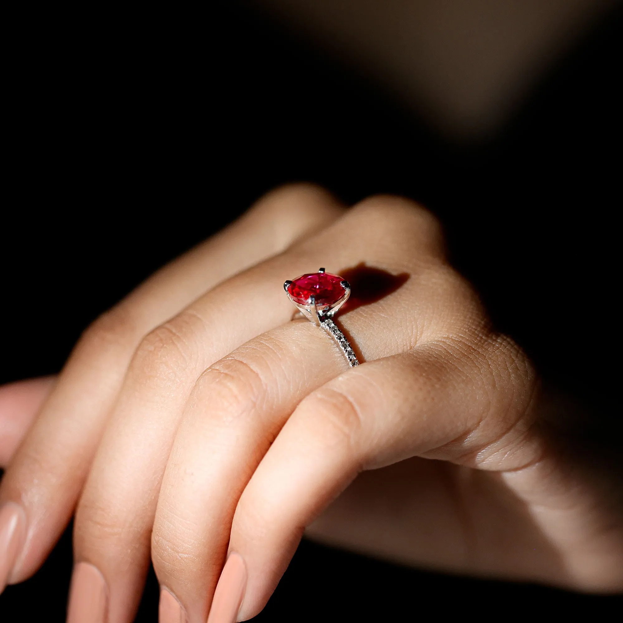 Certified Lab Grown Ruby Solitaire Engagement Ring with Diamond Side Stones