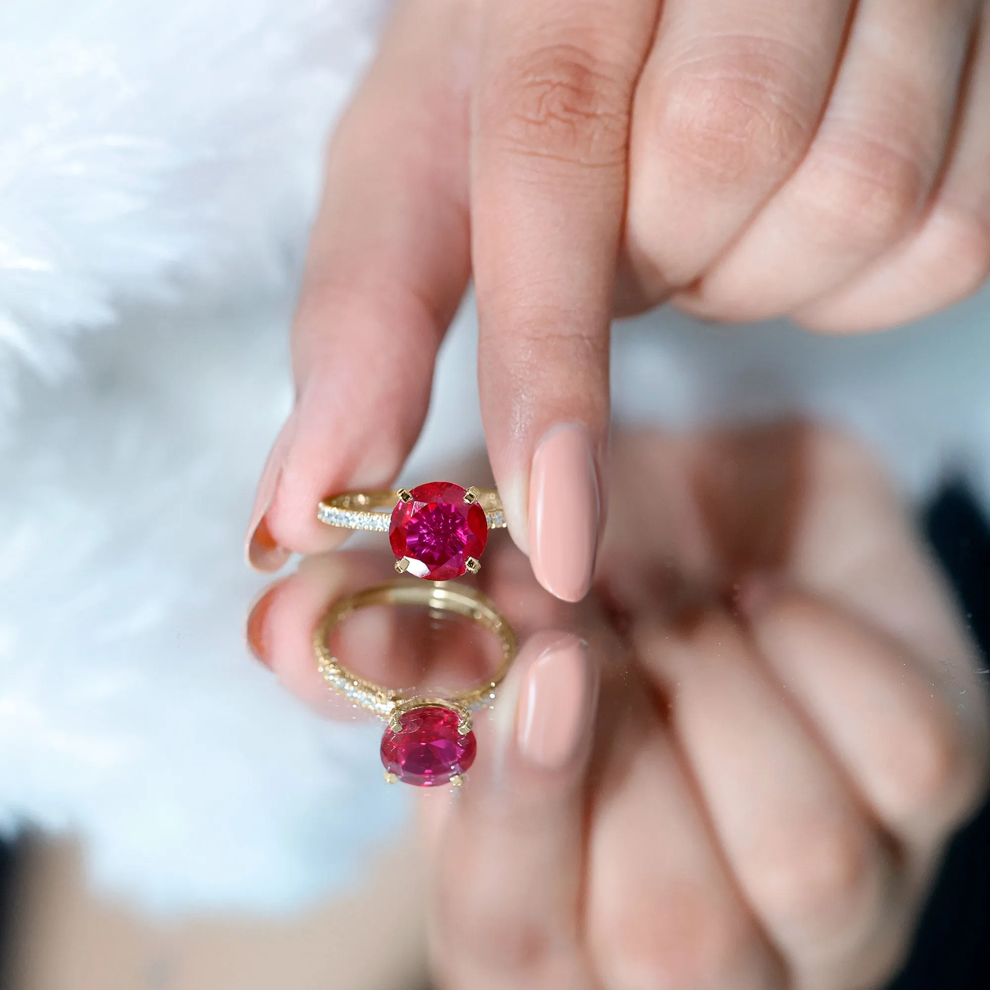 Certified Lab Grown Ruby Solitaire Engagement Ring with Diamond Side Stones