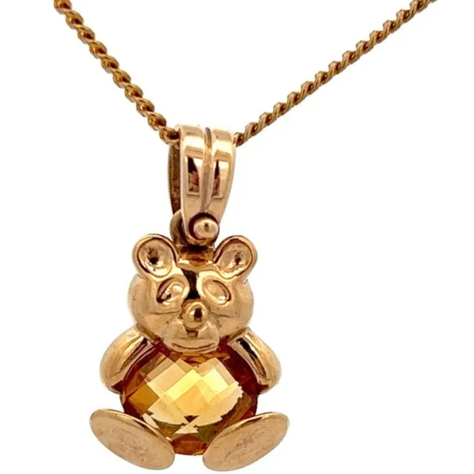 Citrine & 9ct Yellow Gold Teddy Bear Pendant