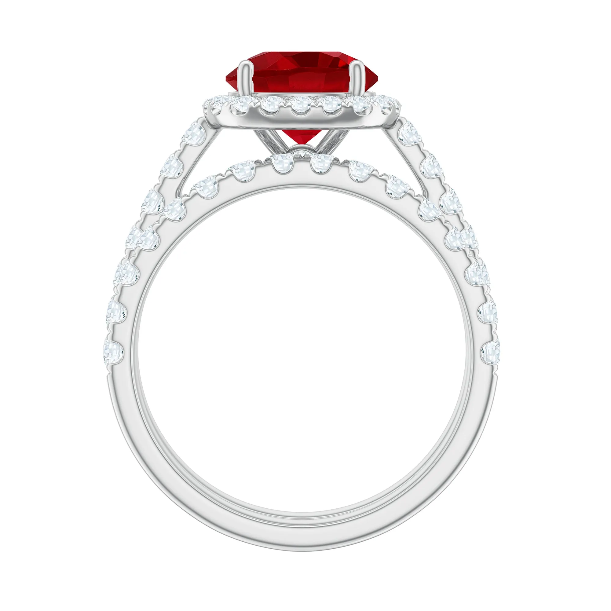 Classic Lab Created Ruby Wedding Ring Set With Moissanite