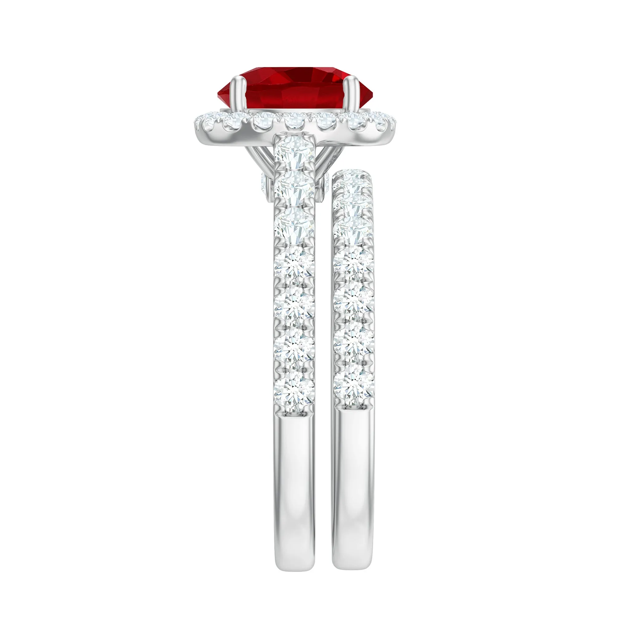 Classic Lab Created Ruby Wedding Ring Set With Moissanite