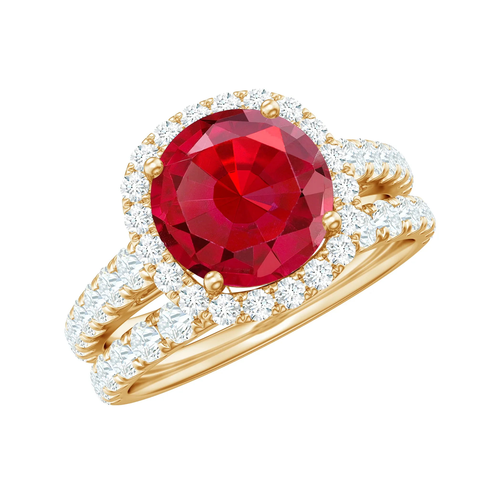 Classic Lab Created Ruby Wedding Ring Set With Moissanite