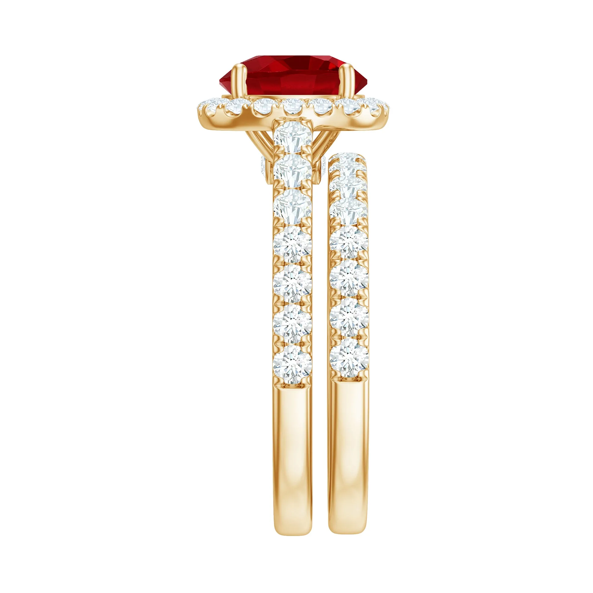 Classic Lab Created Ruby Wedding Ring Set With Moissanite