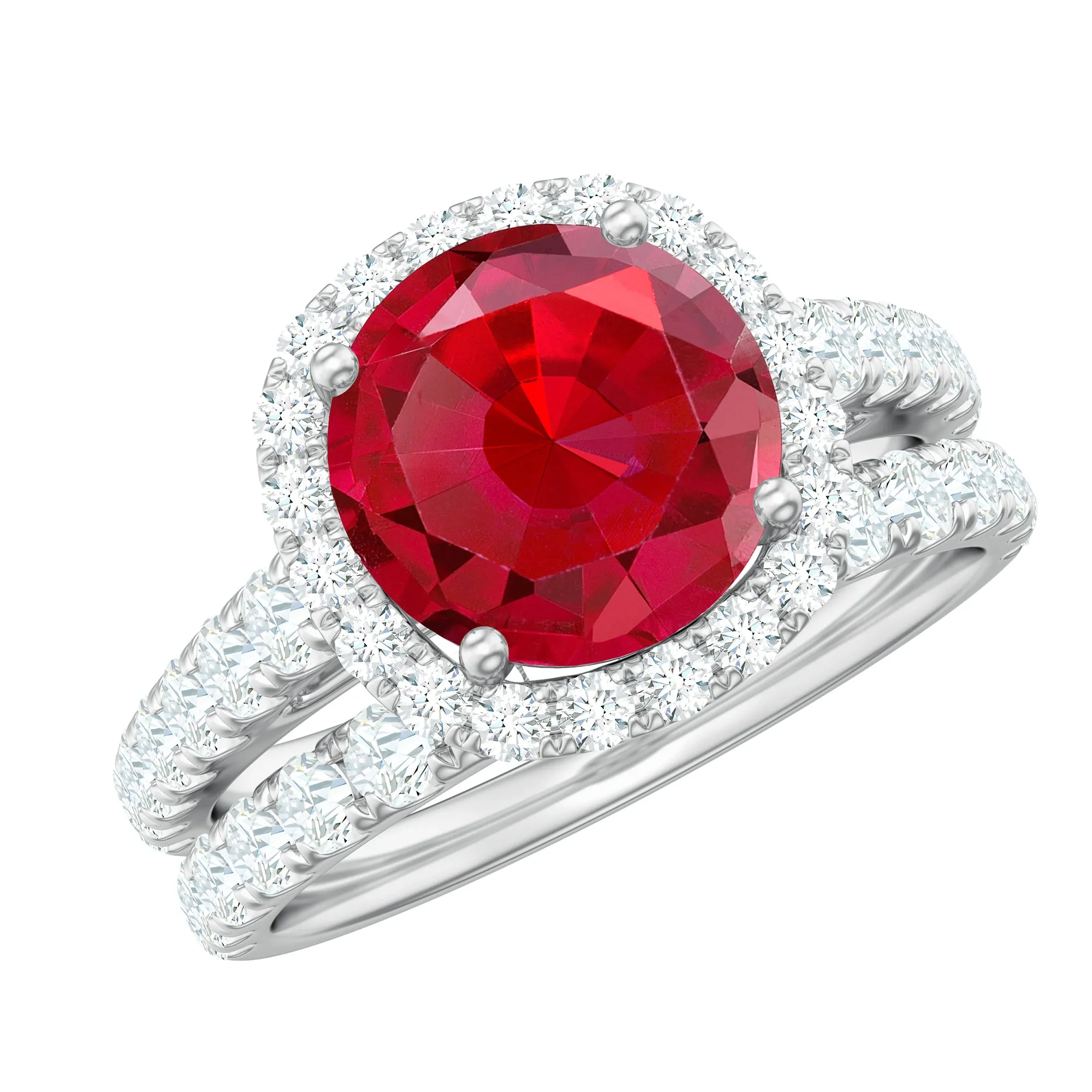 Classic Lab Created Ruby Wedding Ring Set With Moissanite