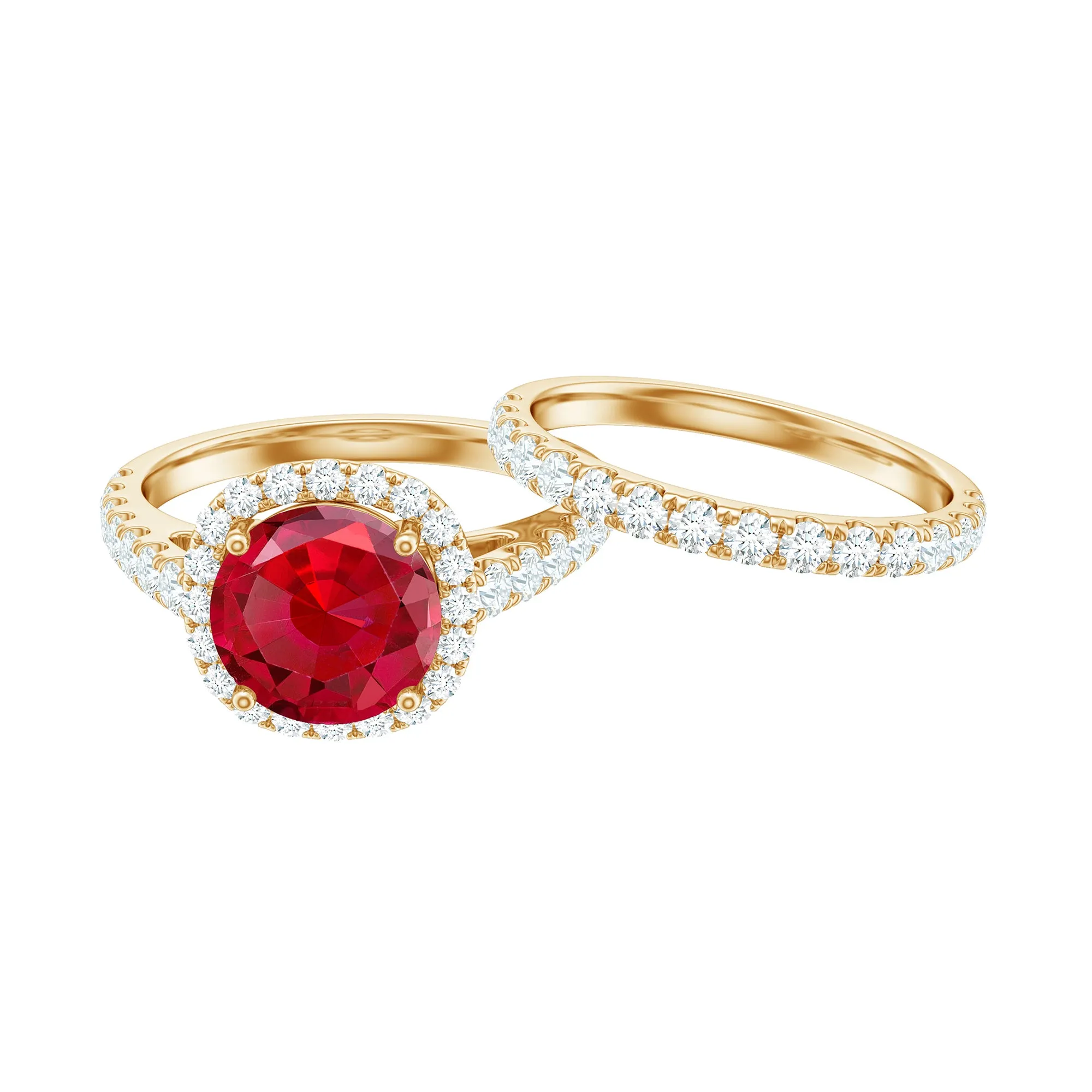 Classic Lab Created Ruby Wedding Ring Set With Moissanite