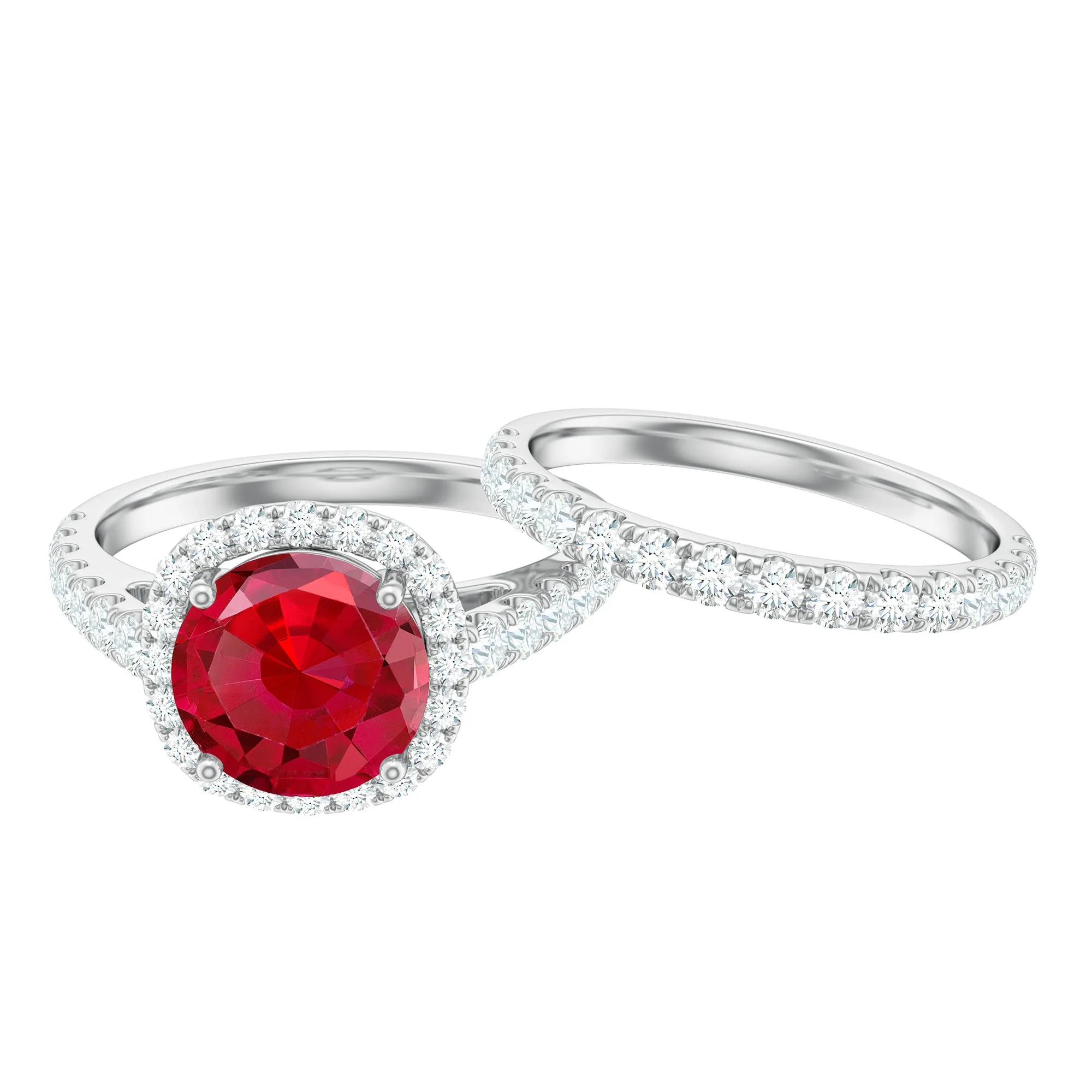Classic Lab Created Ruby Wedding Ring Set With Moissanite