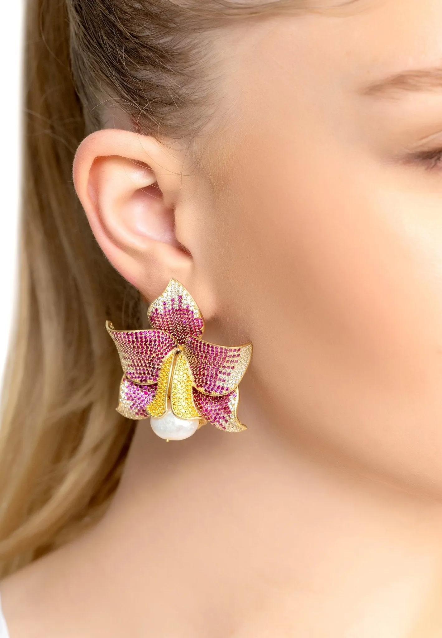 Daffodil With Pearl Earrings Gold Ruby CZ