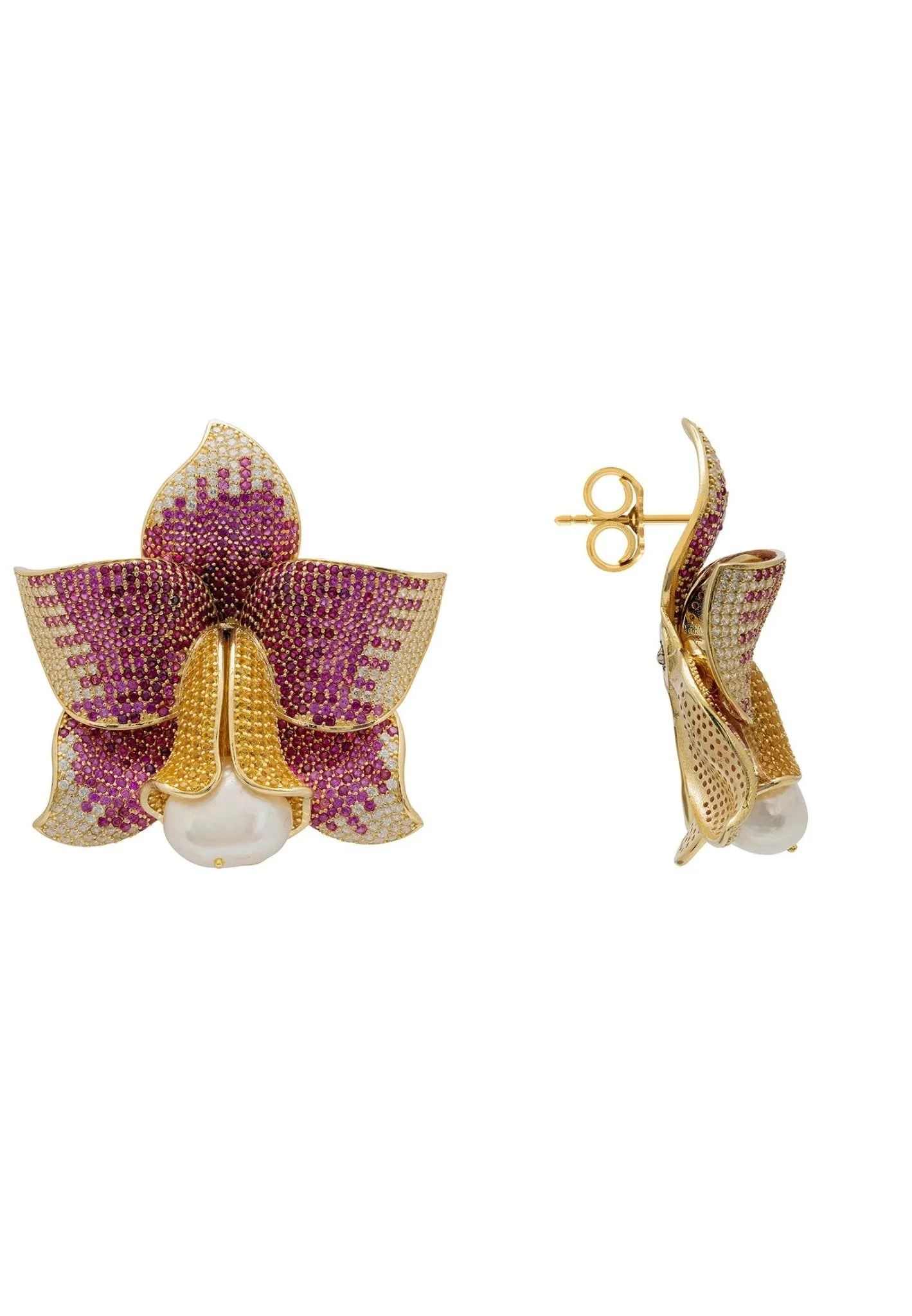 Daffodil With Pearl Earrings Gold Ruby CZ