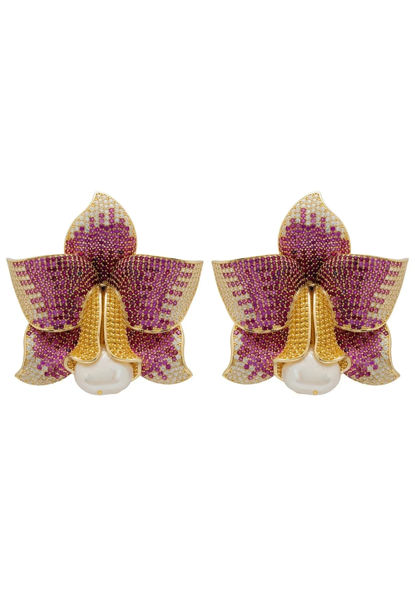 Daffodil With Pearl Earrings Gold Ruby CZ