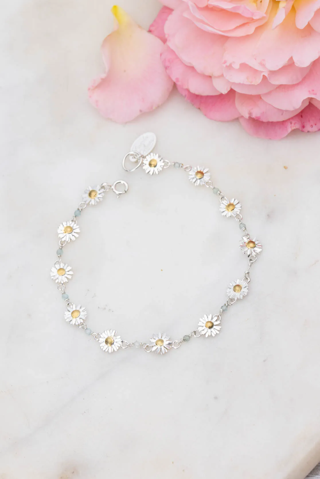 Daisy Chain Bracelet In Sterling Silver With 9ct Gold And Aquamarine
