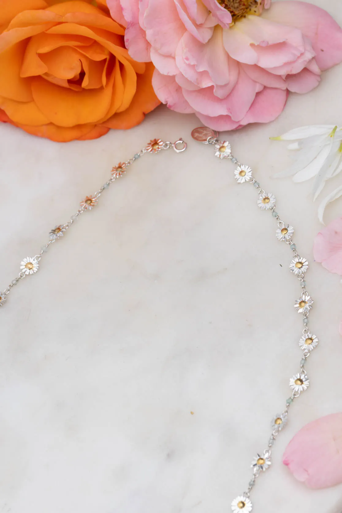 Daisy Chain Necklace In Sterling Silver With 9ct Gold And Aquamarine
