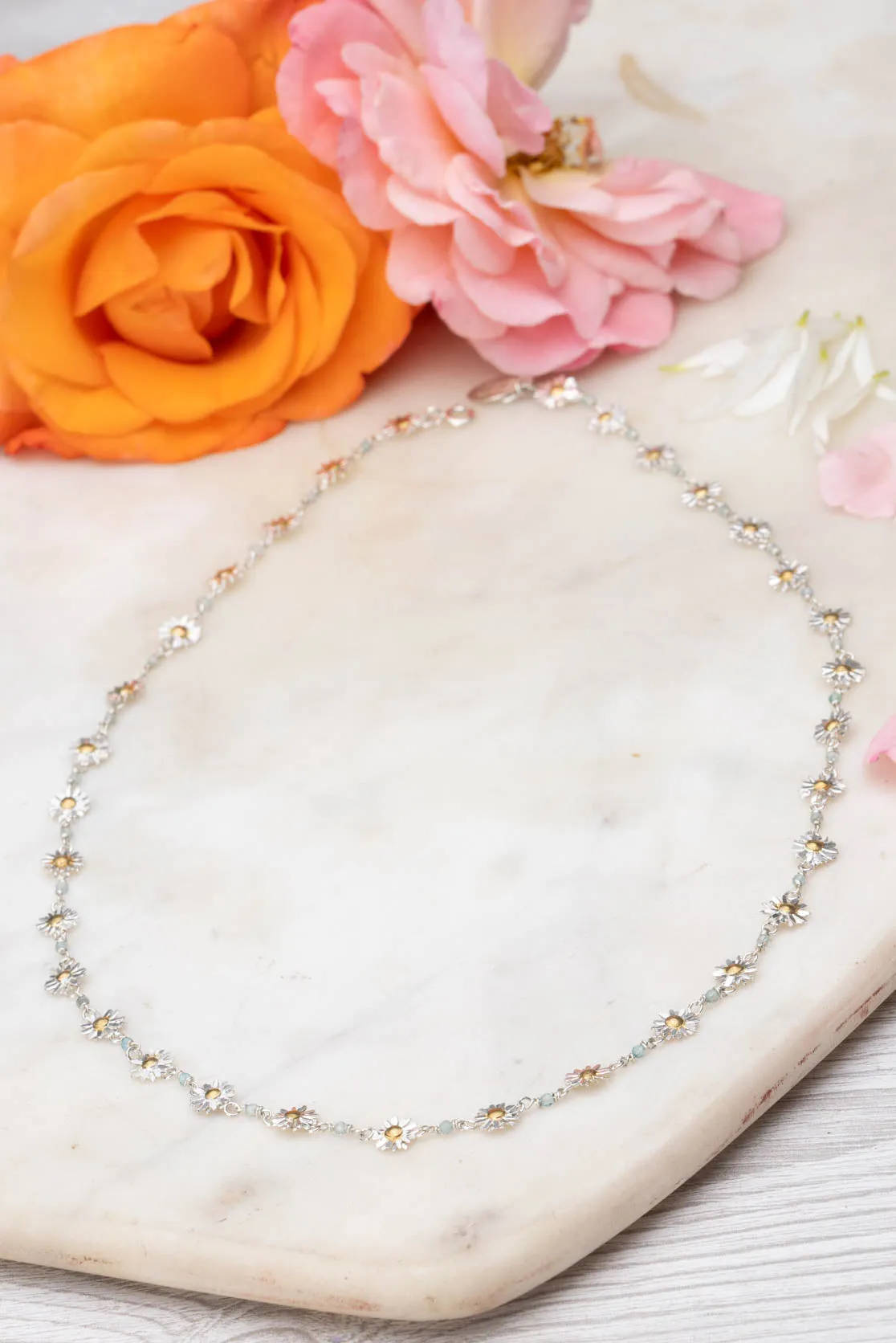 Daisy Chain Necklace In Sterling Silver With 9ct Gold And Aquamarine
