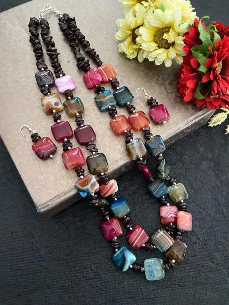 Designer Semi Precious Multi Color Chalcedony And Garnet Stone Beads Necklace Set