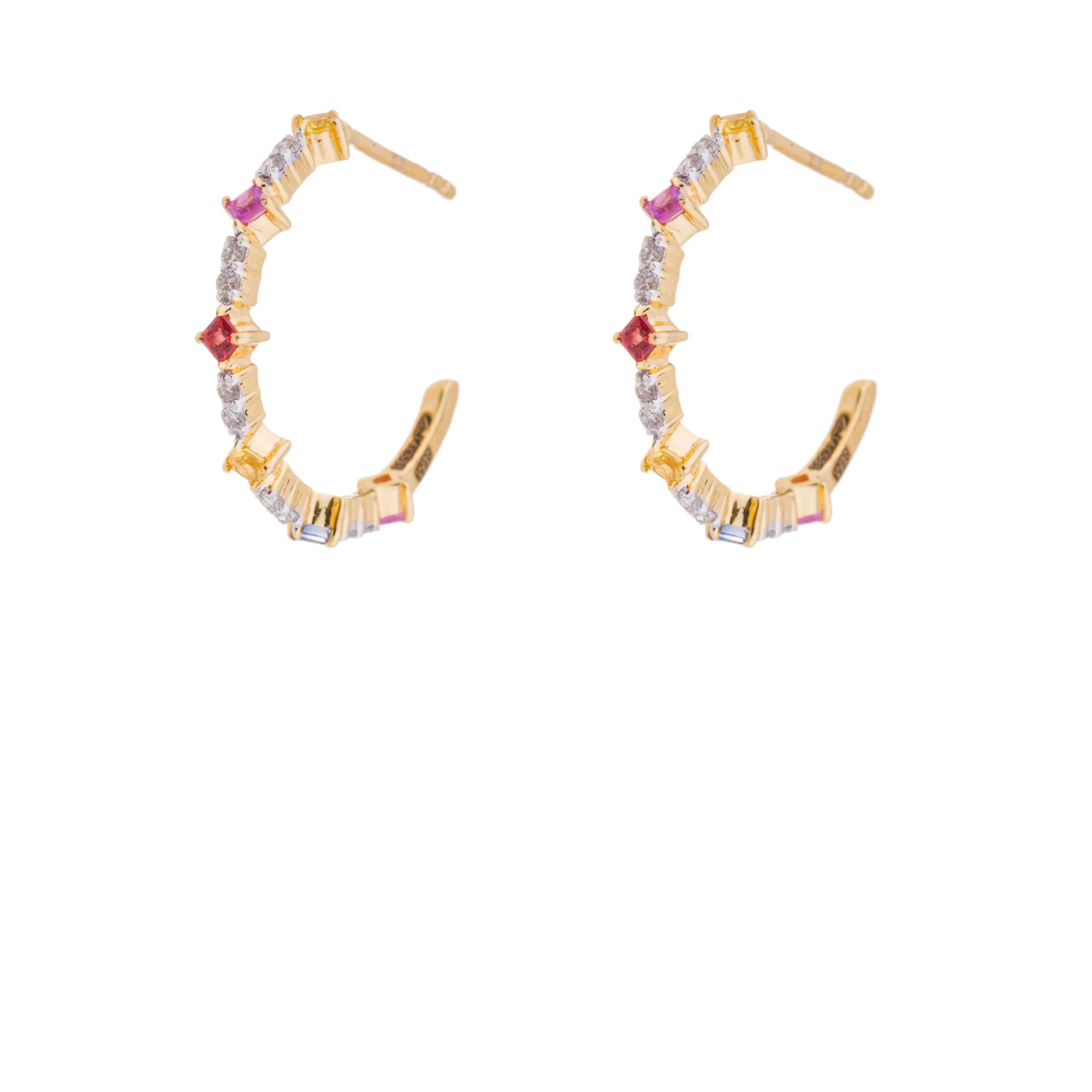 Diamond and Ruby Hoop Earrings, 14K Yellow Gold