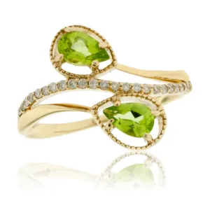 Double Pear Shaped Peridot and Diamond Bypass Ring