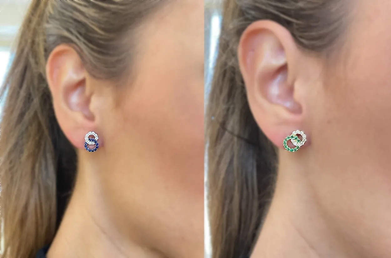 Earrings 18kt Gold Twin Open Circle Studs Gemstones & Diamonds