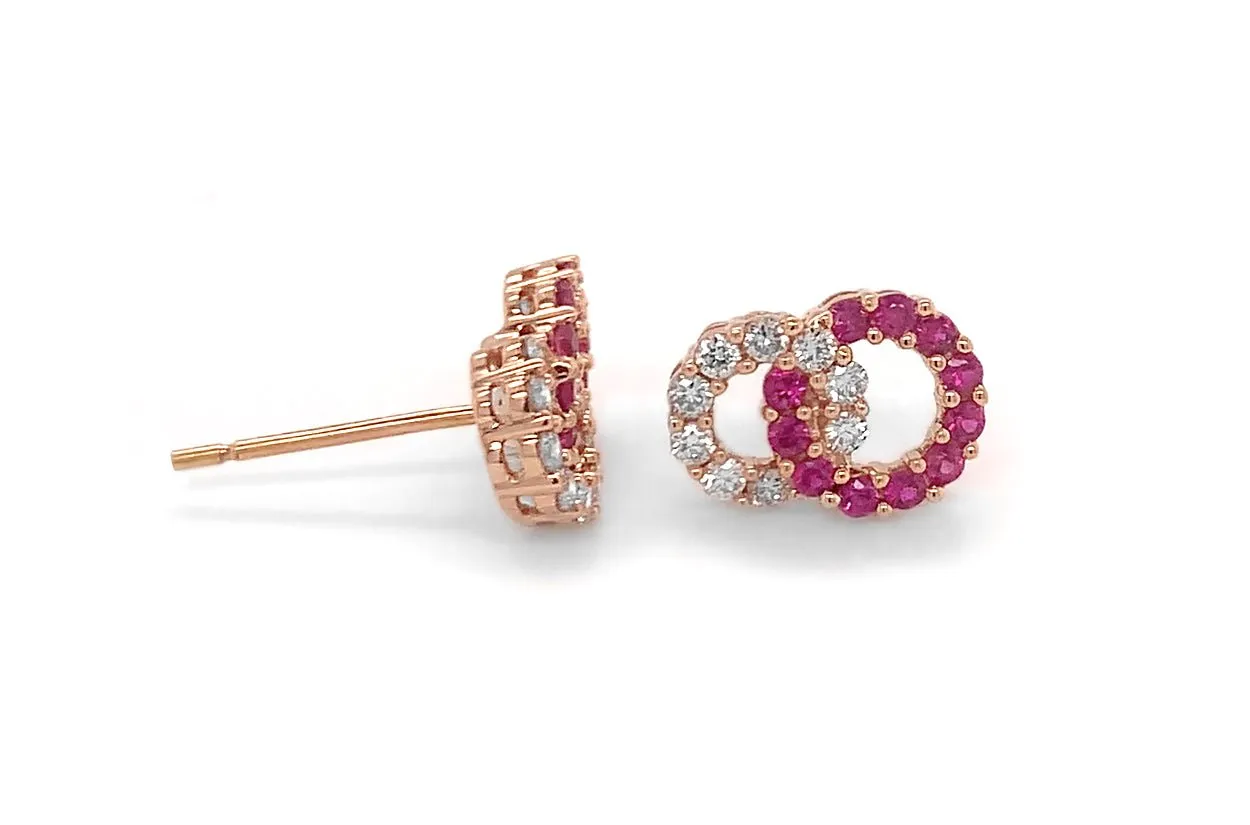 Earrings 18kt Gold Twin Open Circle Studs Gemstones & Diamonds