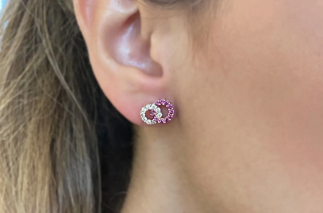 Earrings 18kt Gold Twin Open Circle Studs Gemstones & Diamonds