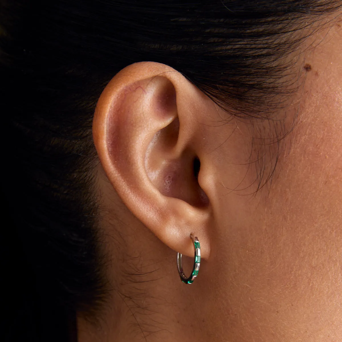 Emerald Baguette Hoops in Solid White Gold