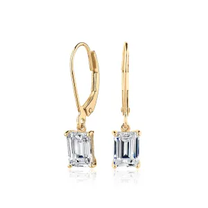 Emerald Cut drop earrings with 2 carats* of diamond simulants in 10 carat yellow gold