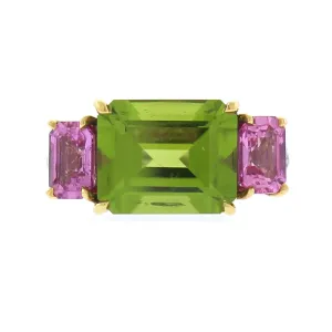 Emerald-cut Peridot and Pink Sapphire Ring