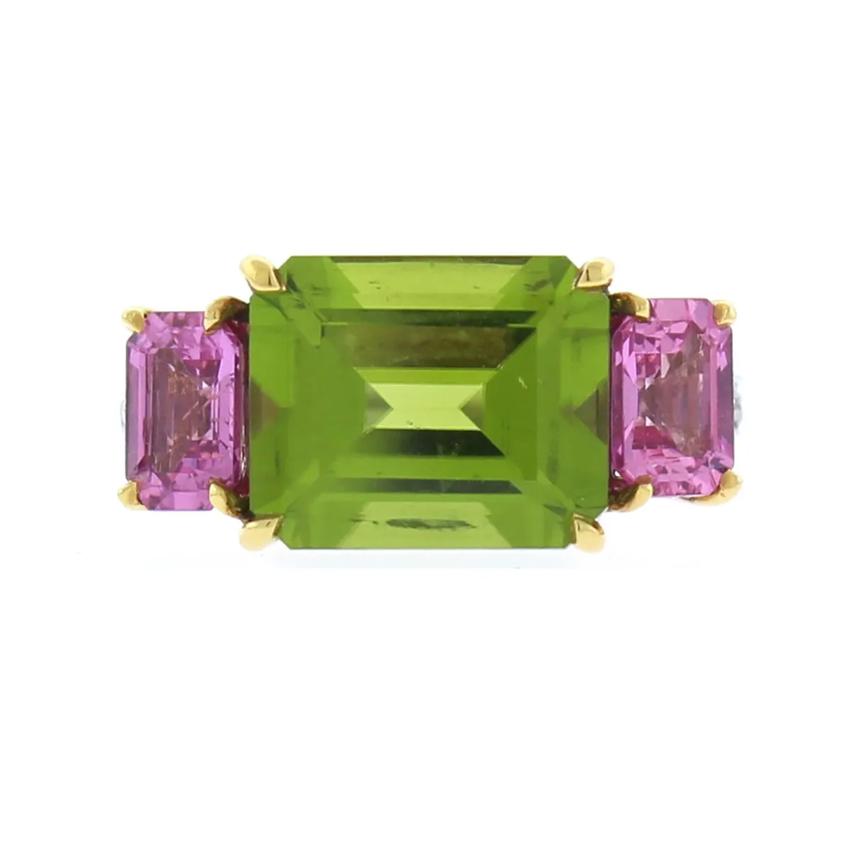 Emerald-cut Peridot and Pink Sapphire Ring