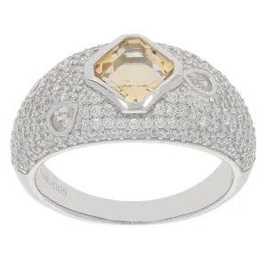 Emerald Yellow Citrine Sterling Silver Ring with Moissanite Accent