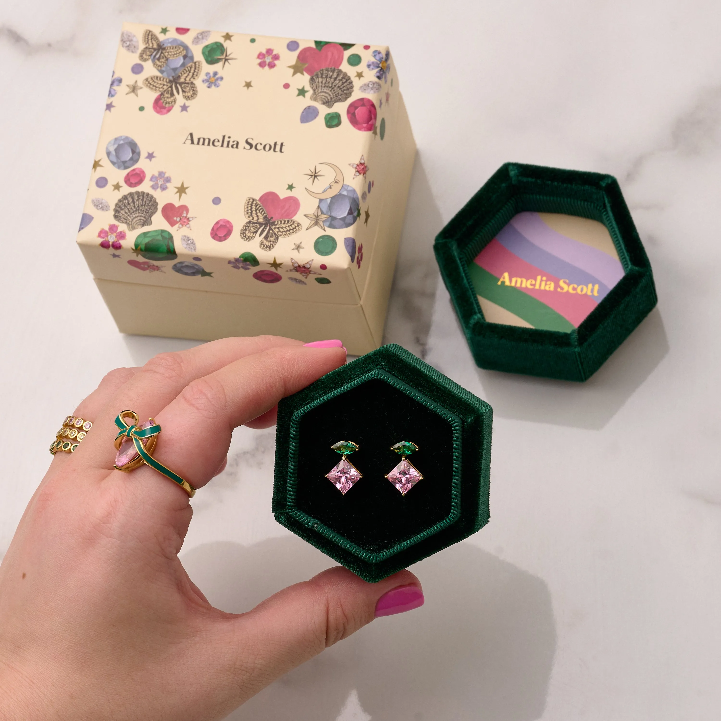 Esme Statement Rose/Emerald Stud Earrings - Gold - AS22TRE09