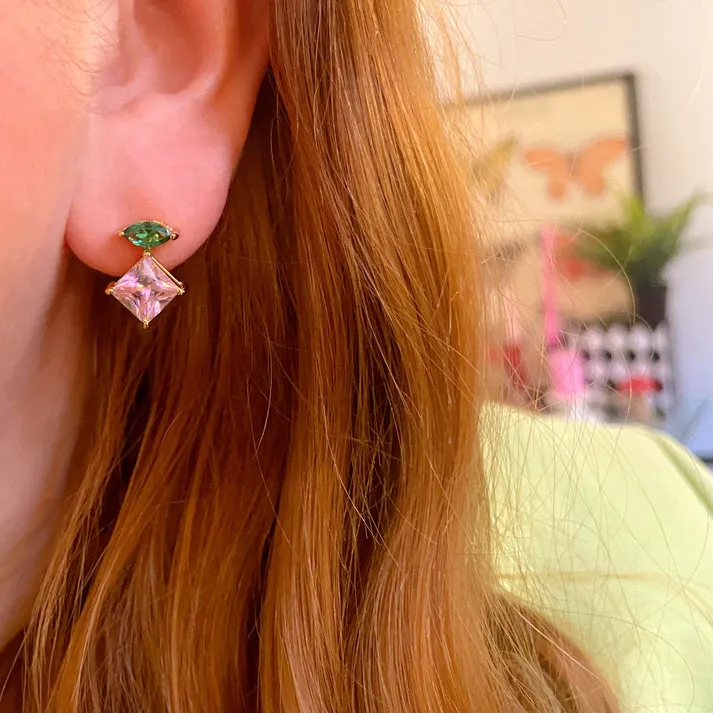 Esme Statement Rose/Emerald Stud Earrings - Gold - AS22TRE09