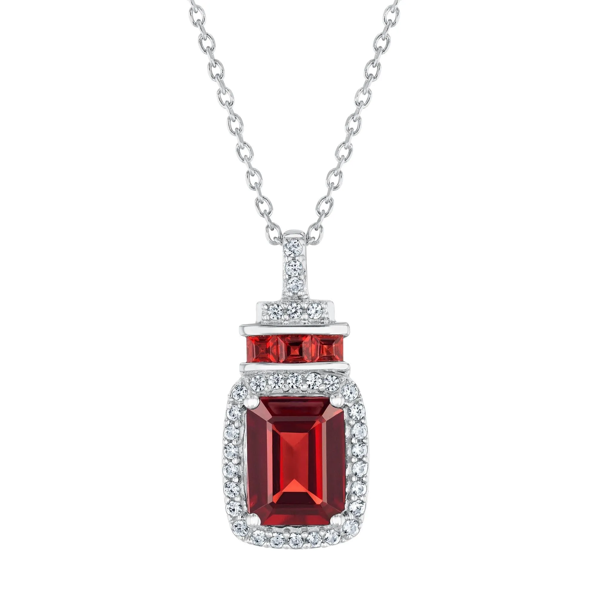 Garnet and Created White Sapphire Sterling Silver Pendant Necklace