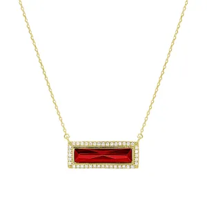 Gold Finish Sterling Silver Necklace with Rectangular Simulated Garnet Stone and Simulated Diamonds on 16" - 18" Chain
