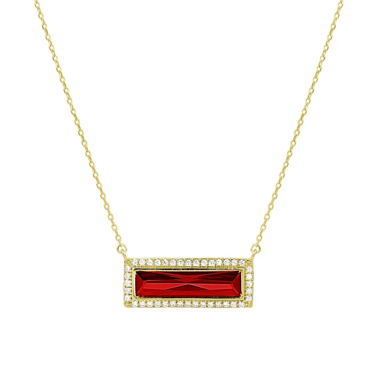 Gold Finish Sterling Silver Necklace with Rectangular Simulated Garnet Stone and Simulated Diamonds on 16" - 18" Chain