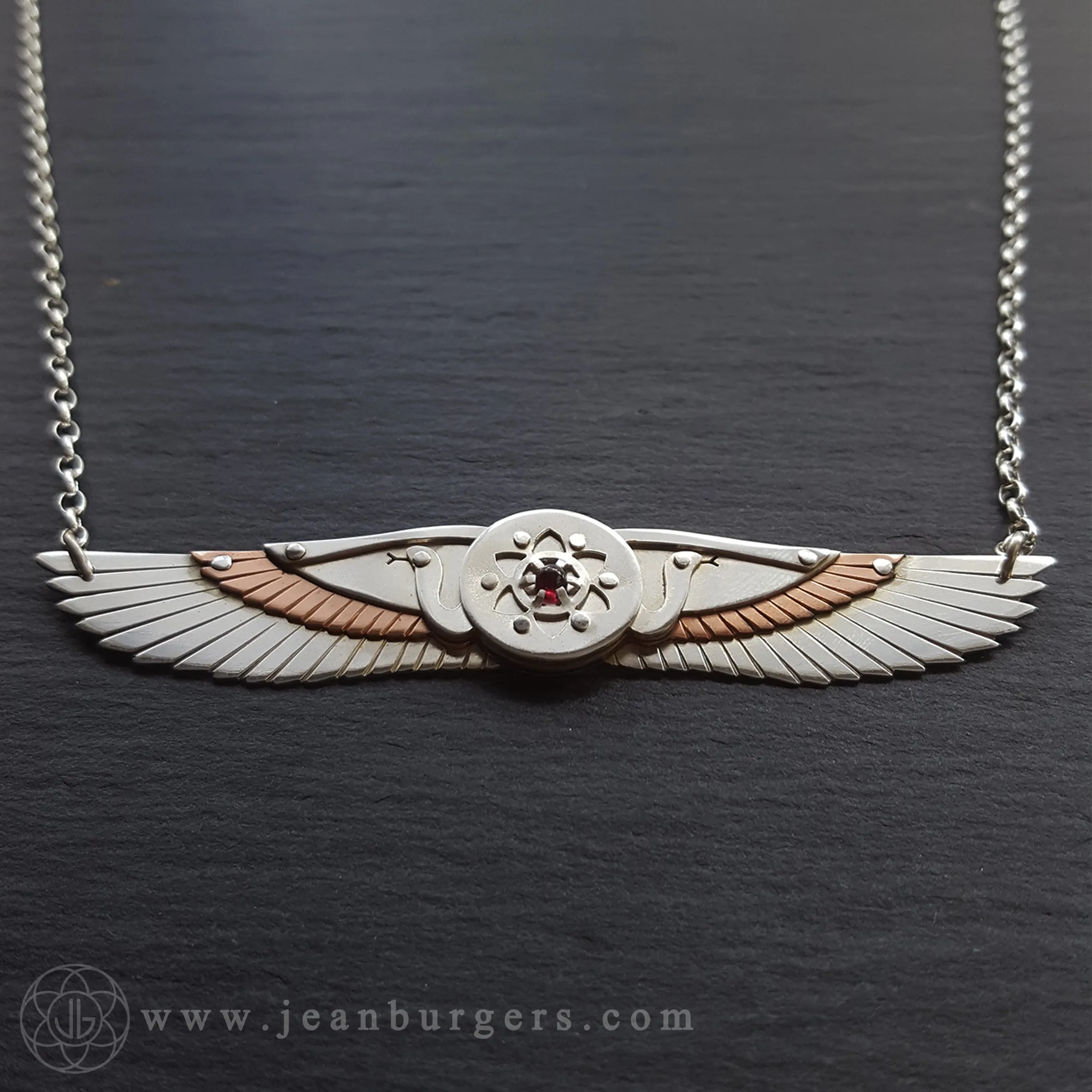 Handcut Egyptian Winged Disk Pendant - red garnet
