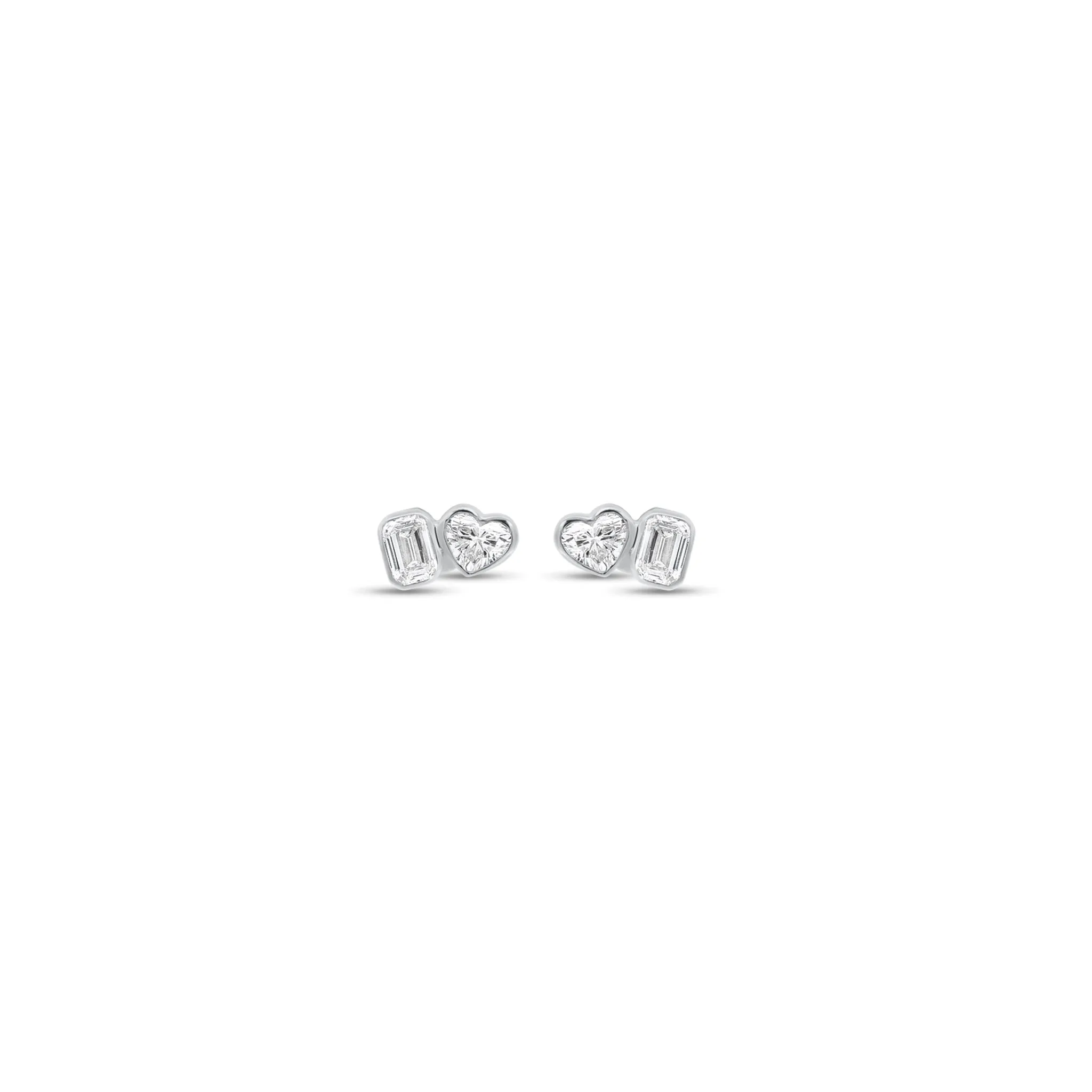 Heart & Emerald-Cut Diamond Duet Stud Earrings
