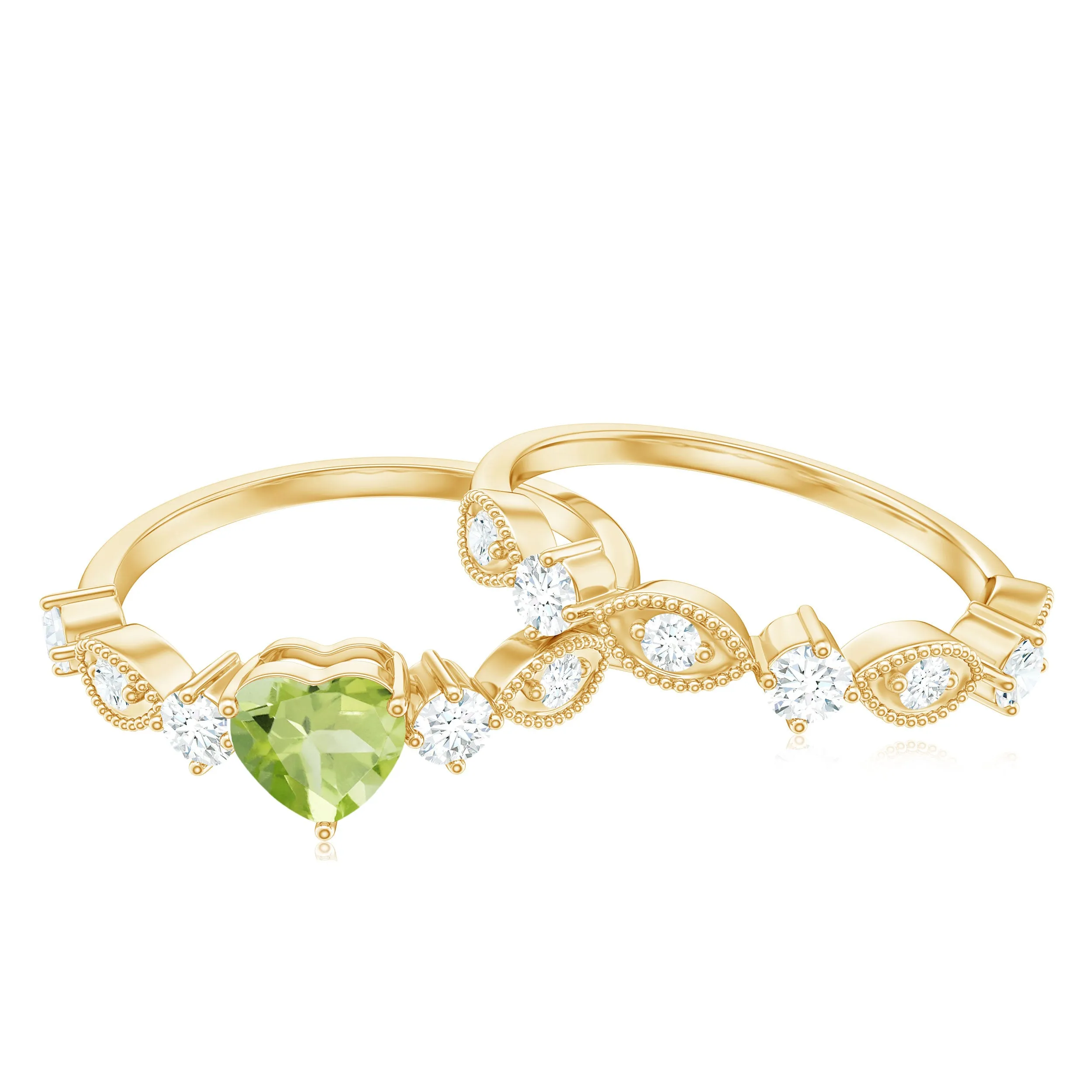 Heart Shape Peridot Ring Set with Moissanite