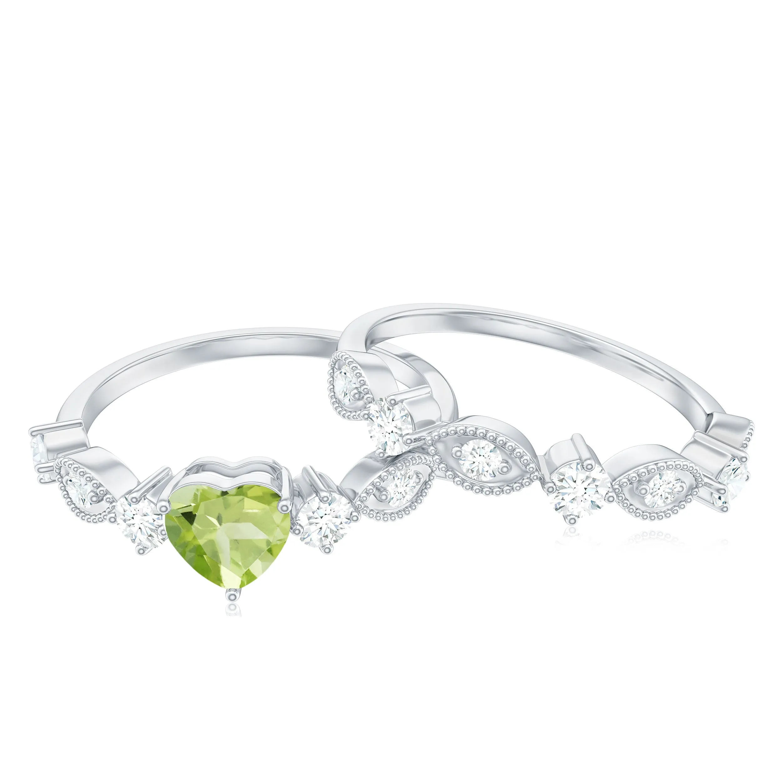 Heart Shape Peridot Ring Set with Moissanite