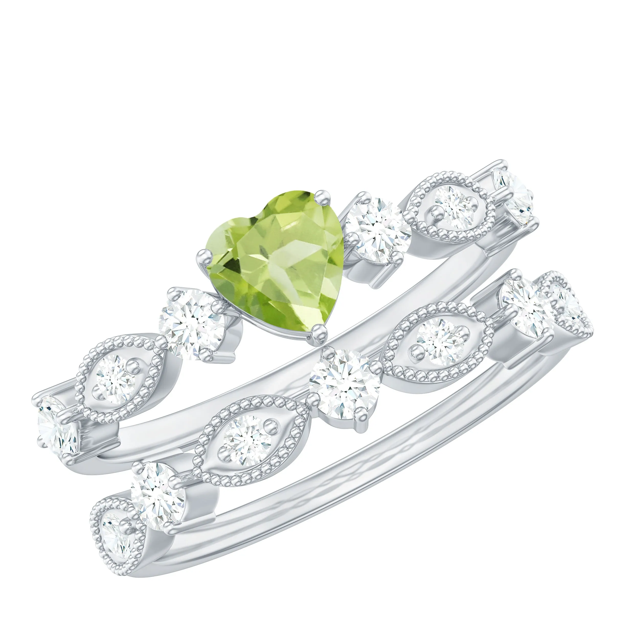 Heart Shape Peridot Ring Set with Moissanite