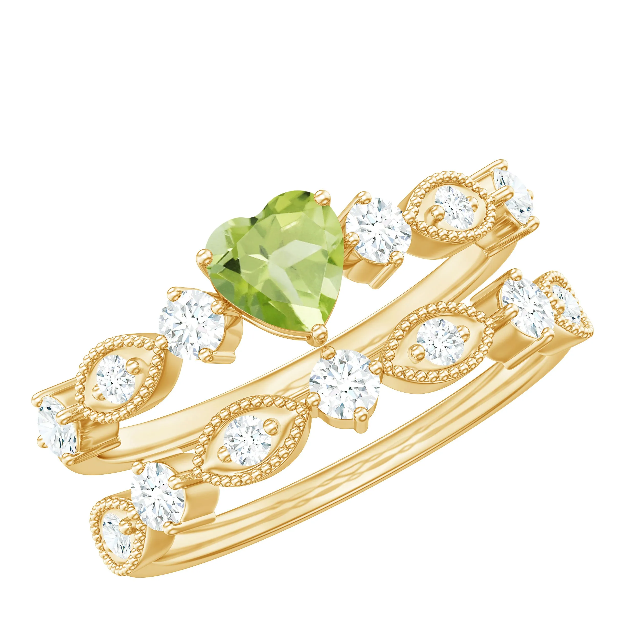 Heart Shape Peridot Ring Set with Moissanite